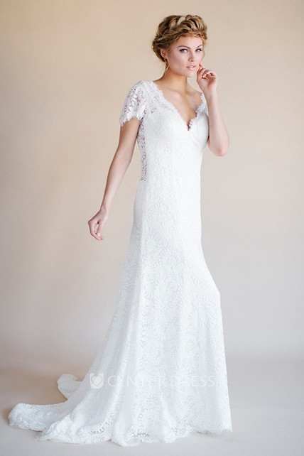 V-Neck Short Sleeve Backless Wedding Dress