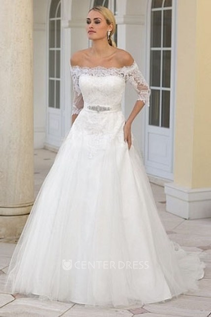 A Line Jeweled Off The Shoulder Half Sleeve Tulle Wedding Dress