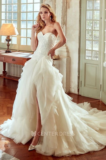 Sweetheart High Low Wedding Dress With Ruching Skirt And Lace