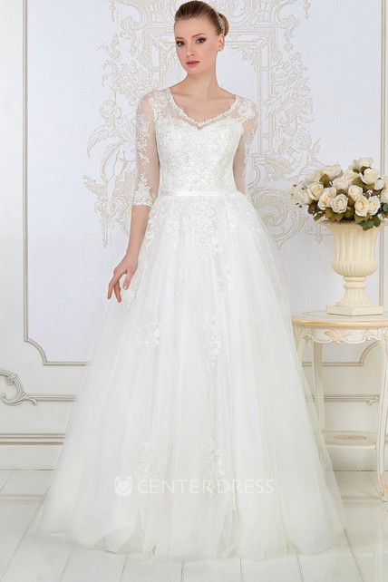 A Line 3 4 Sleeve V Neck Tulle Lace Wedding Dress With Illusion