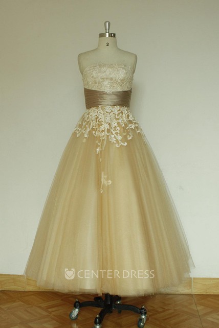 Vintage Inspired Tea Length Tulle Wedding Dress With Lace