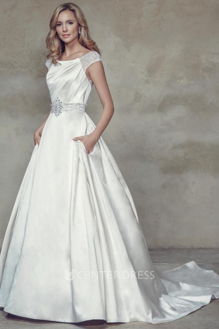 A Line Bateau Neck Jeweled Cap Sleeve Maxi Satin Wedding Dress With A Line Bateau Neck Jeweled Cap Sleeve Maxi Satin Wedding Dress With Beading And V Back Ucenter