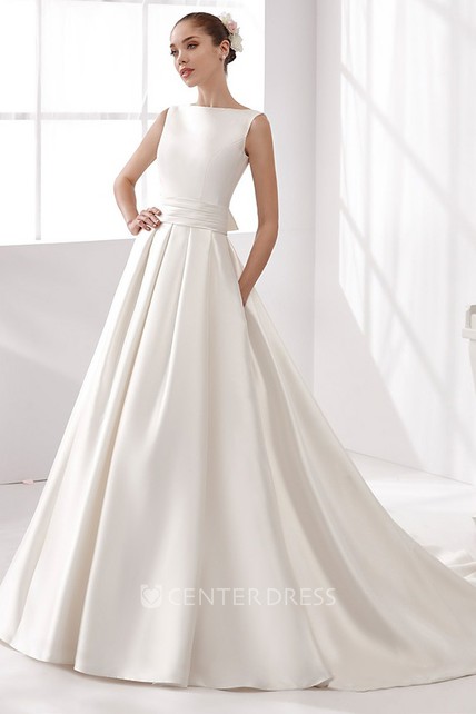 Cap Sleeve Satin A Line Wedding Dress With Cinched Waistband And