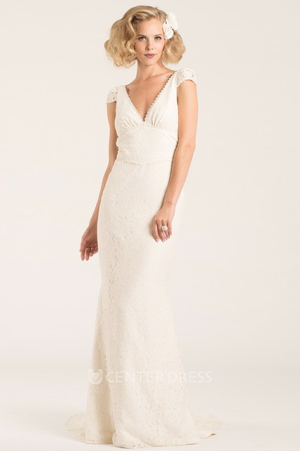 V-Neck Short Sleeve Backless Wedding Dress