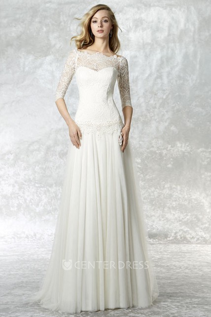 Sheath Bateau Neck 3 4 Sleeve Lace Tulle Wedding Dress With Brush