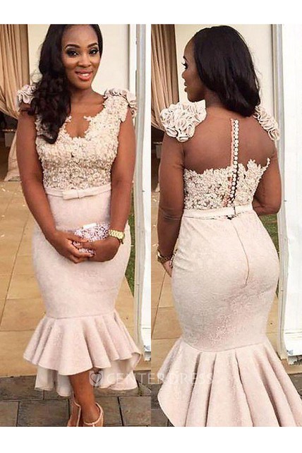 Cap Short Sleeve Asymmetrical High Low Mermaid Trumpet V Neck Satin Cap Short Sleeve Asymmetrical High Low Mermaid Trumpet V Neck Satin Lace Dress