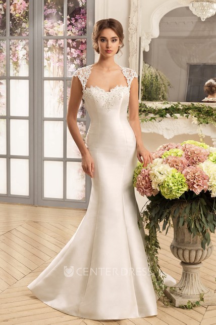 Trumpet Floor Length Queen Anne Cap Sleeve Keyhole Satin Dress