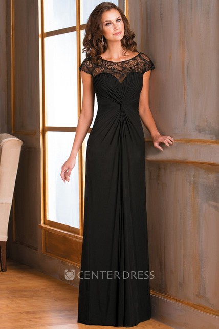 Cap Sleeved Long Ruched Mother Of The Bride Dress With Illusion Lace Cap Sleeved Long Ruched Mother Of The Bride Dress With Illusion Lace Neckline