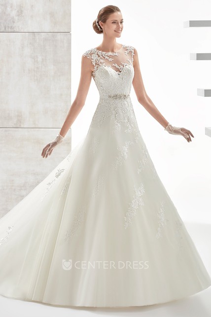 Jewel Neck A Line Wedding Dress With Beaded Belt And Illusive