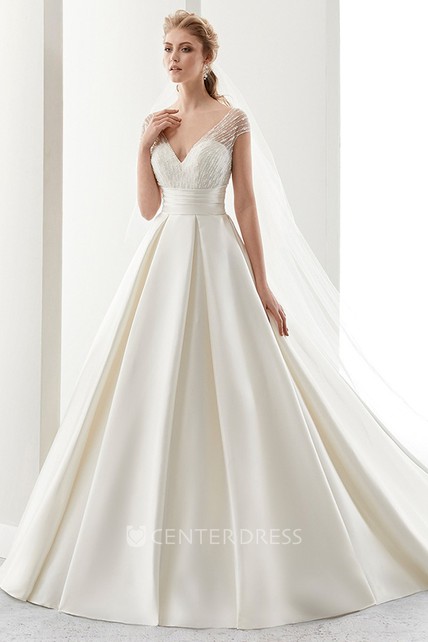 V Neck Illusion Strap Satin A Line Wedding Dress With Cinched