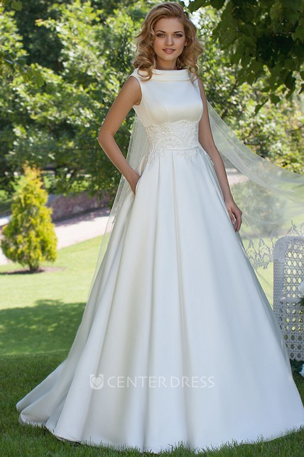 A Line High Neck Sleeveless Satin Wedding Dress With Lace And A Line High Neck Sleeveless Satin Wedding Dress With Lace And Up