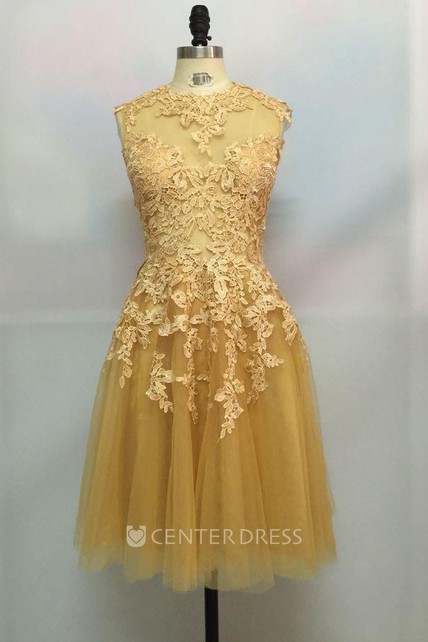 Yellow Knee Length Lace Dress