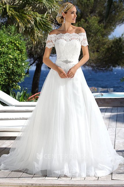 Floor Length Off The Shoulder Jeweled Tulle Wedding Dress With