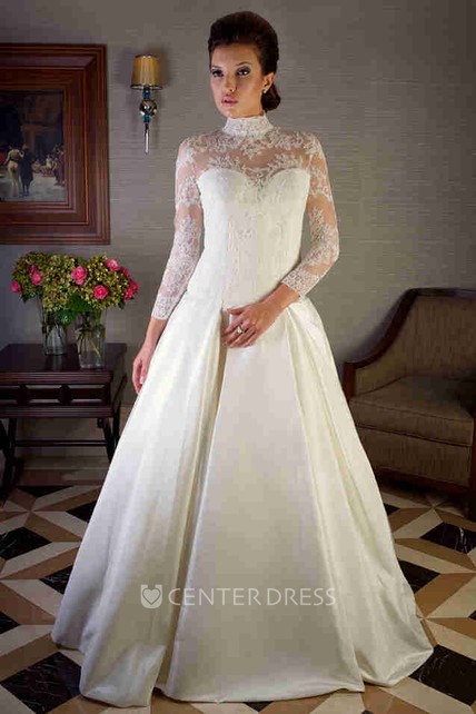 High Neck Floor Length Lace Long Sleeve Satin Wedding Dress