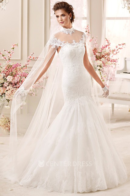 High Neck Applique Mermaid Wedding Dress With Long Tulle Cap
