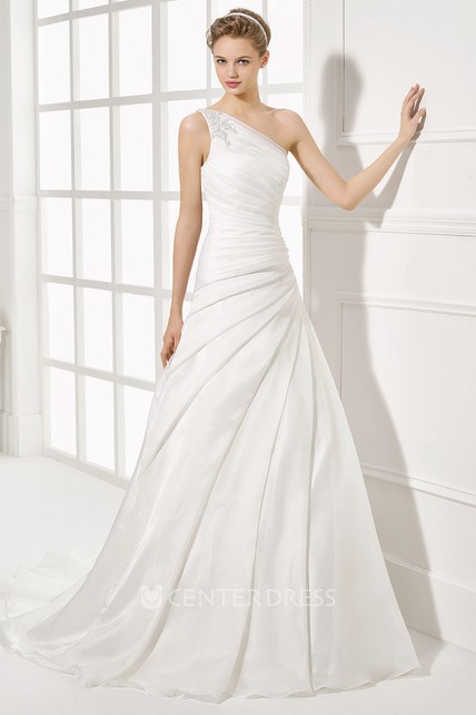One Shoulder Long Side D Chiffon Wedding Dress With Court Train One Shoulder Long Side D Chiffon Wedding Dress With Court Train And V Back