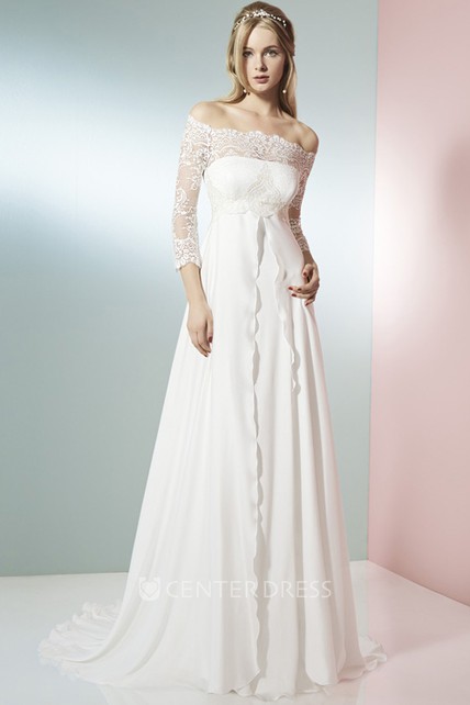 A Line 3 4 Sleeve Off The Shoulder Lace Empire Chiffon Wedding