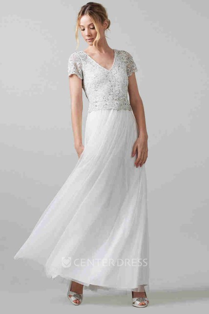 Sheath Short Sleeve Long V Neck Chiffon Wedding Dress With Sequins