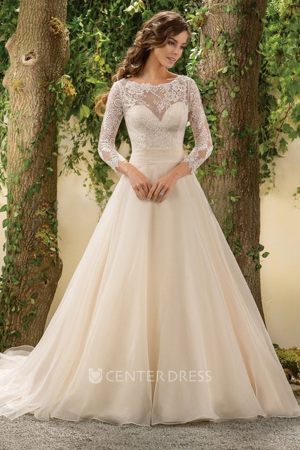 3 4 Sleeved A Line Wedding Dress With Lace Bodice And Deep V Back