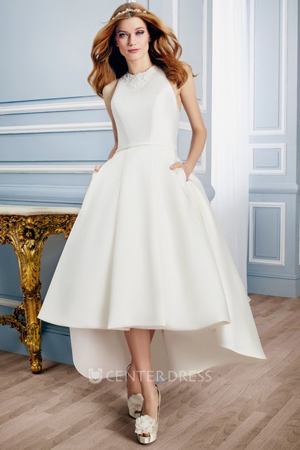 High Low Sleeveless Neck Liqued Satin Wedding Dress With High Low Sleeveless Neck Liqued Satin Wedding Dress With Keyhole