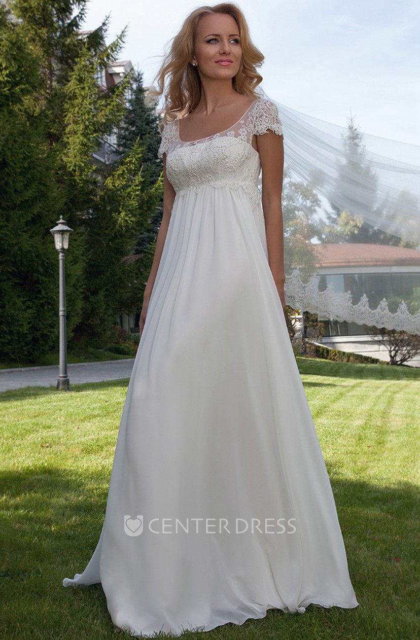 Cap Sleeve Appliqued Empire Scoop Neck Chiffon Wedding Dress