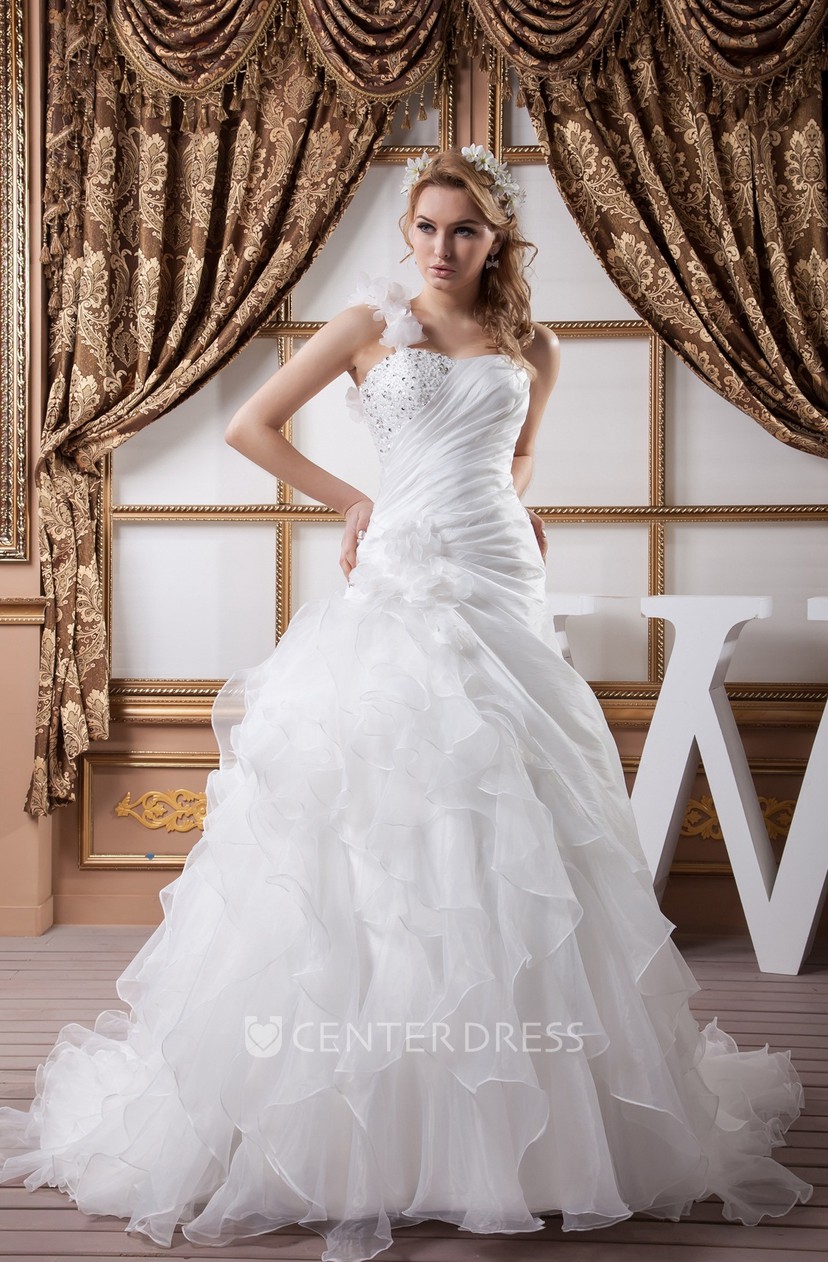 Sleeveless Side Ruched Ball Gown Organza Wedding Dress With