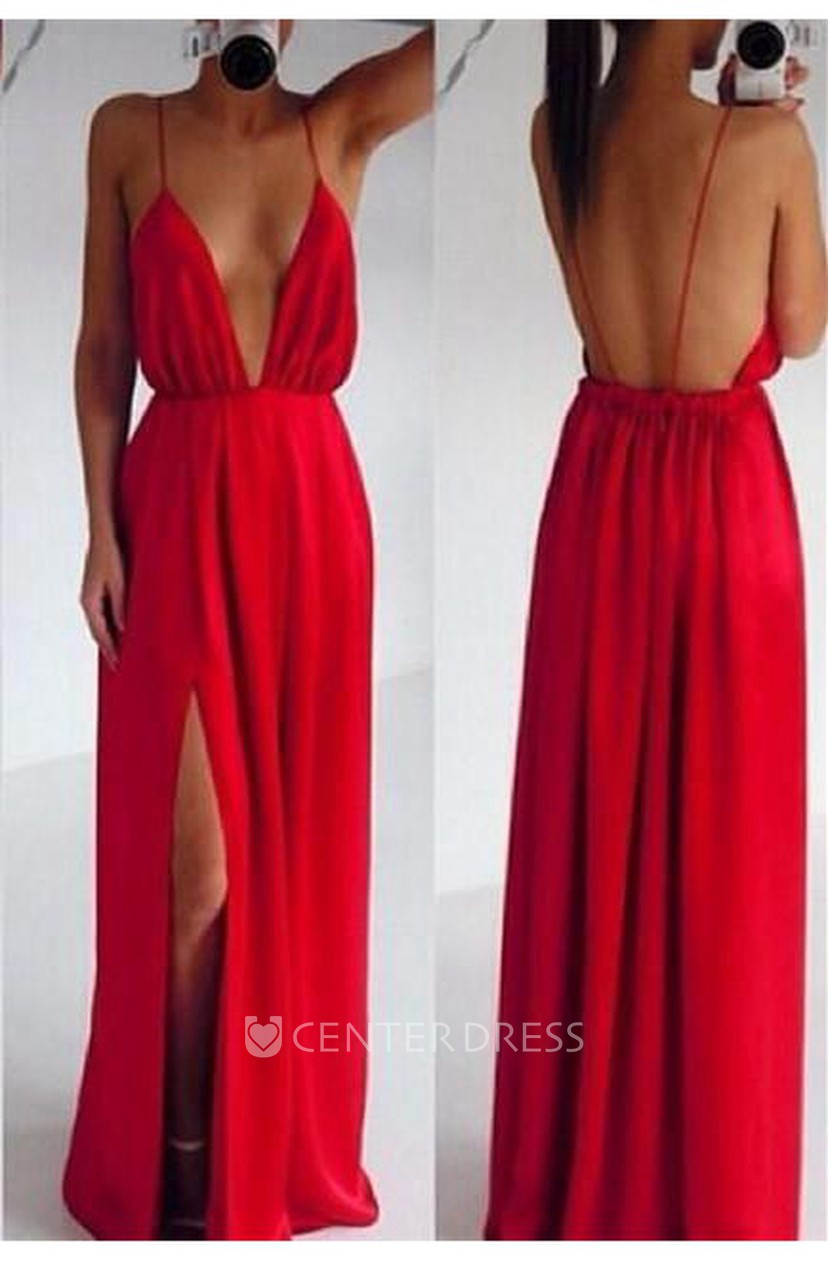 red spaghetti strap prom dress