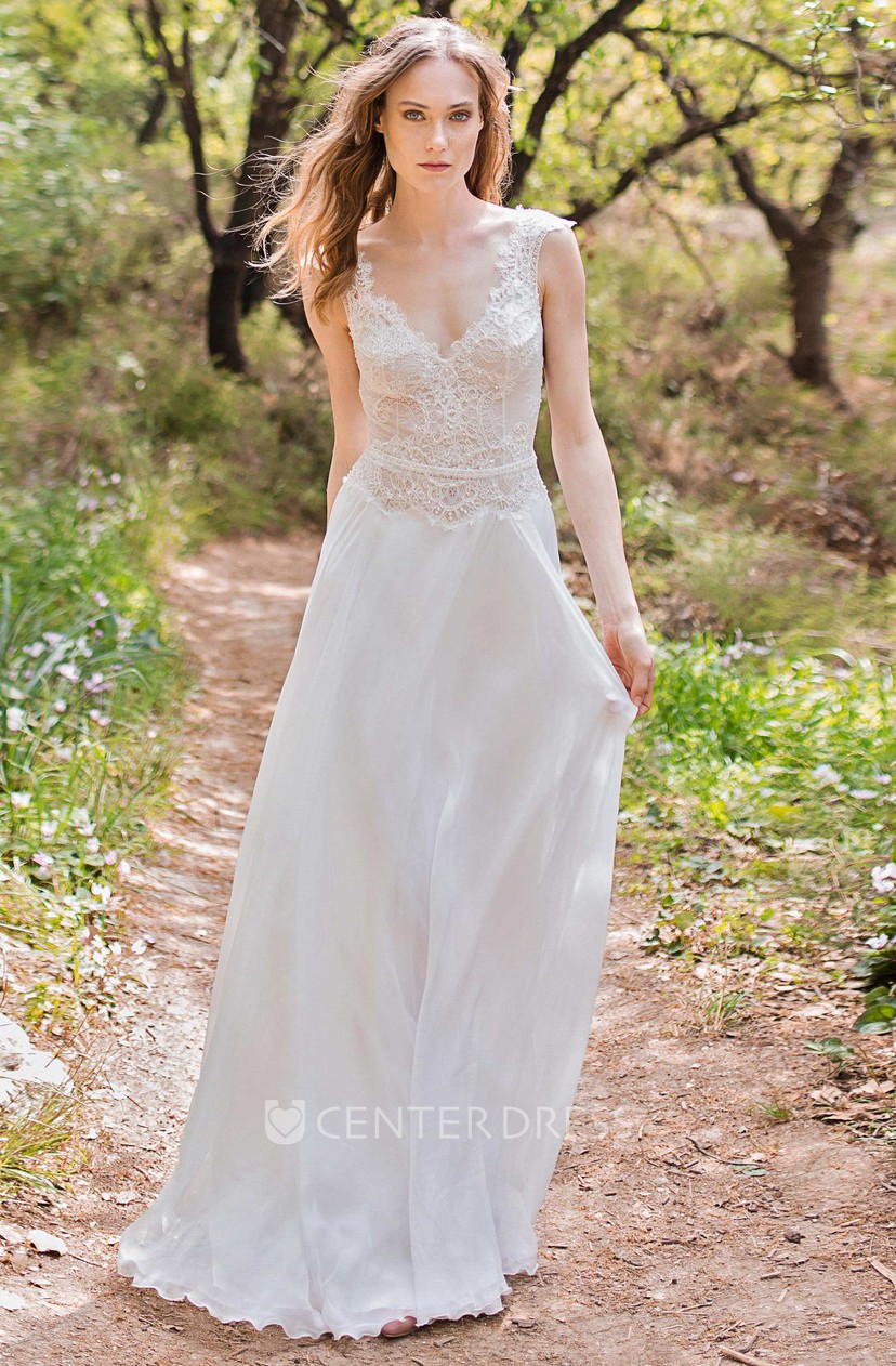 Plunged Cap Sleeve Chiffon Sheath Wedding Dress With Lace