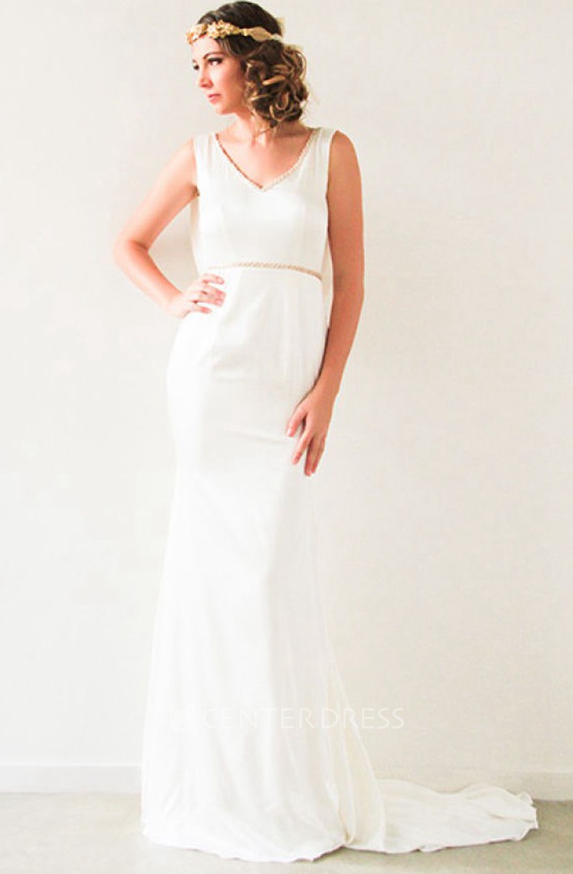 V Neck Maxi Jeweled Chiffon Wedding Dress With Court Train And V