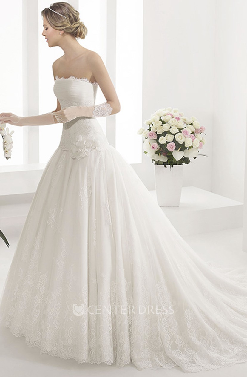 Ruched Top Lace Drop Waist Ball Gown With Organza Flower Ucenter