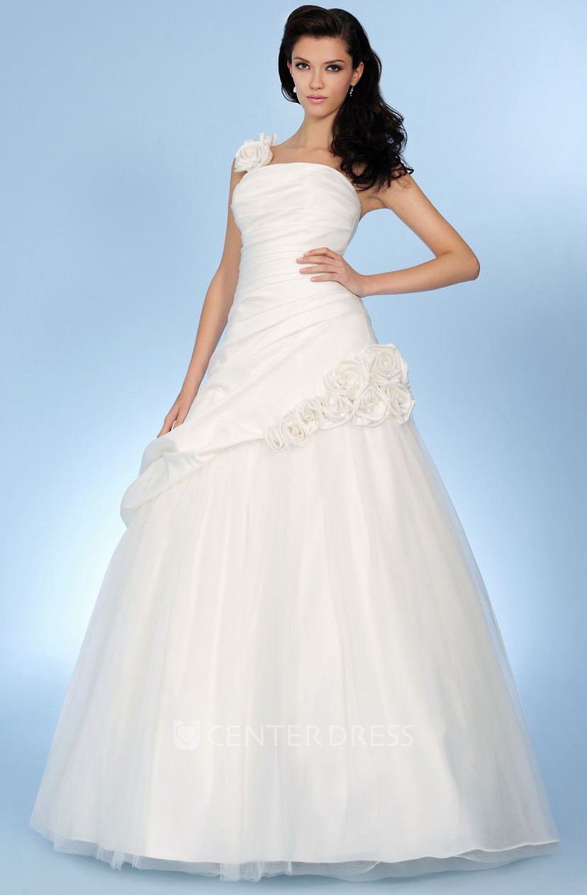 One Shoulder Long Ruched Pick Up Satin Tulle Wedding Dress