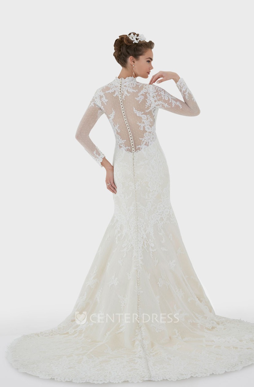 Mermaid High Neck Long Sleeve Lace Wedding Dress With Illusion And