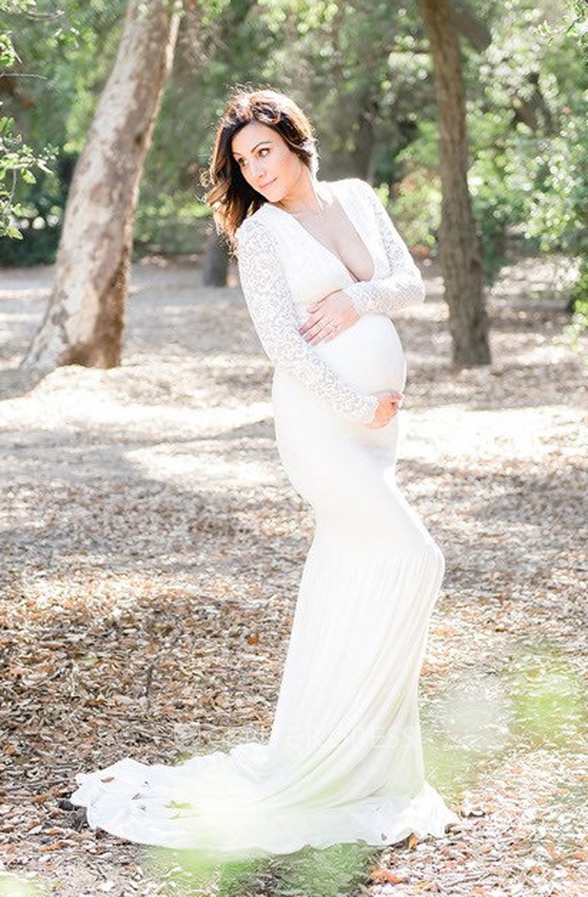 Sheath Sweep Brush Train Long Sleeve Empire Maternity Wedding