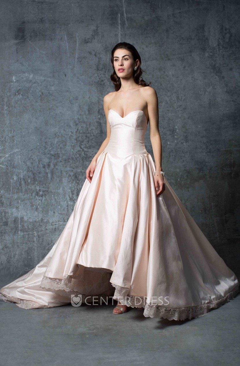 A Line High Low Sweetheart Satin Wedding Dress With Appliques And