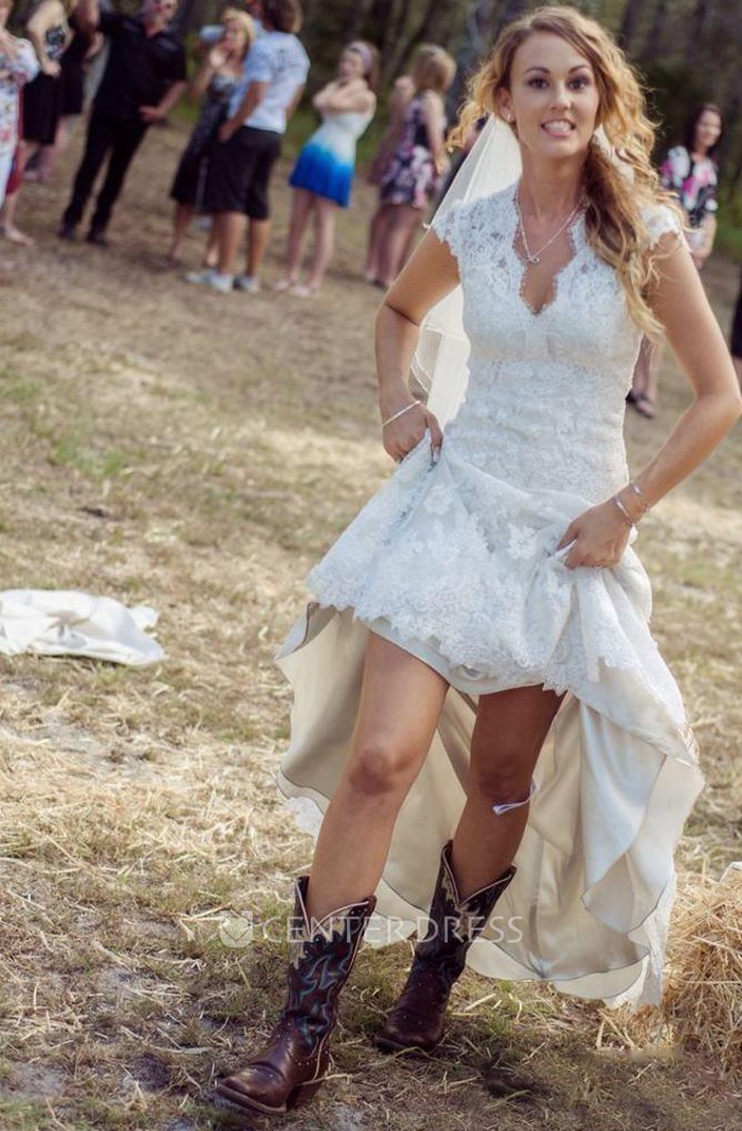Country Sheath V Neck Cap Sleeve Court Train Lace Wedding Dress
