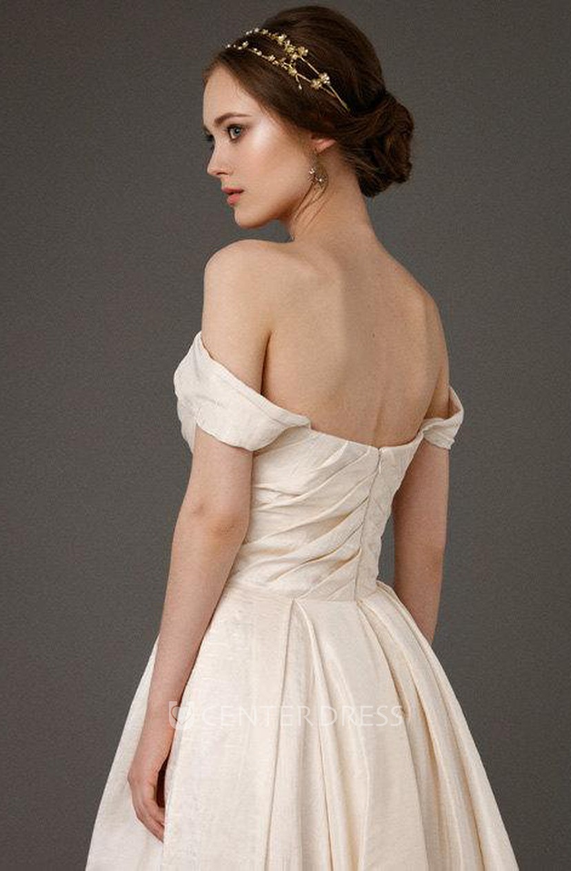 Off Shoulder A Line Taffeta Wedding Dress With Ruching And Beading