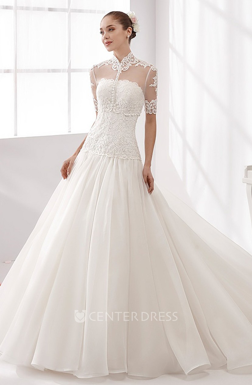 High Neck Half Sleeve Wedding Gown With Puffy Skirt And Lace