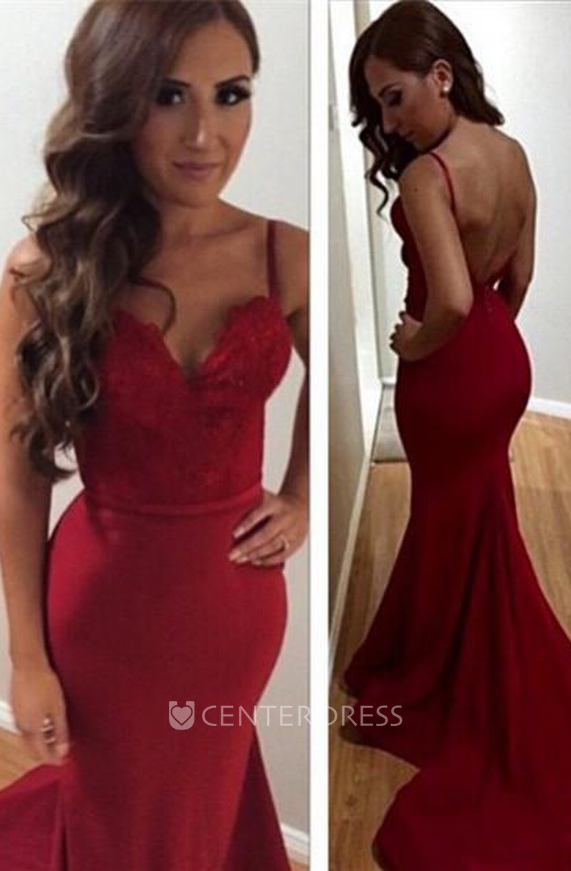 red spaghetti strap prom dress