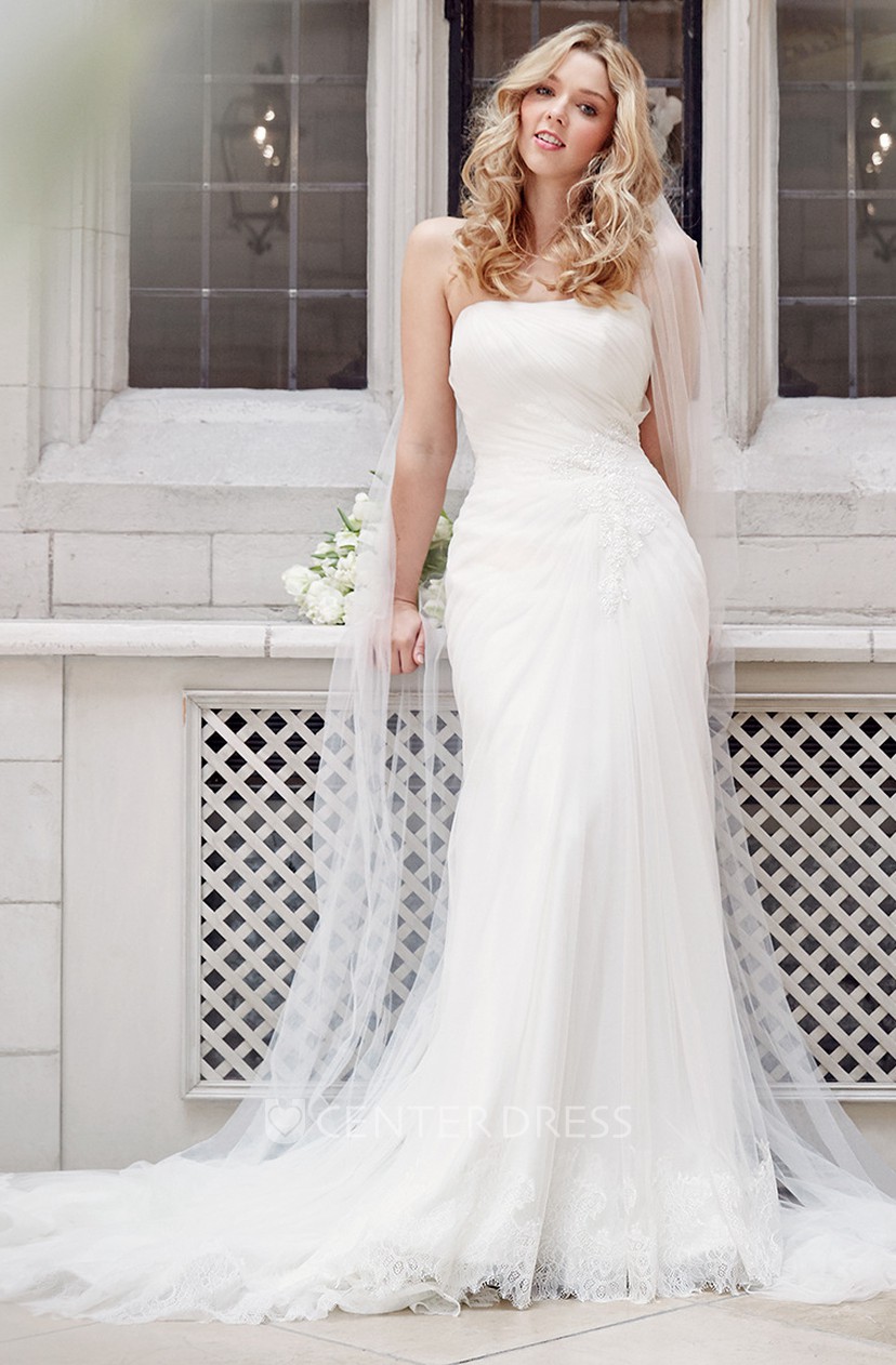 Strapless Long Side Draped Tulle Wedding Dress With Court Train