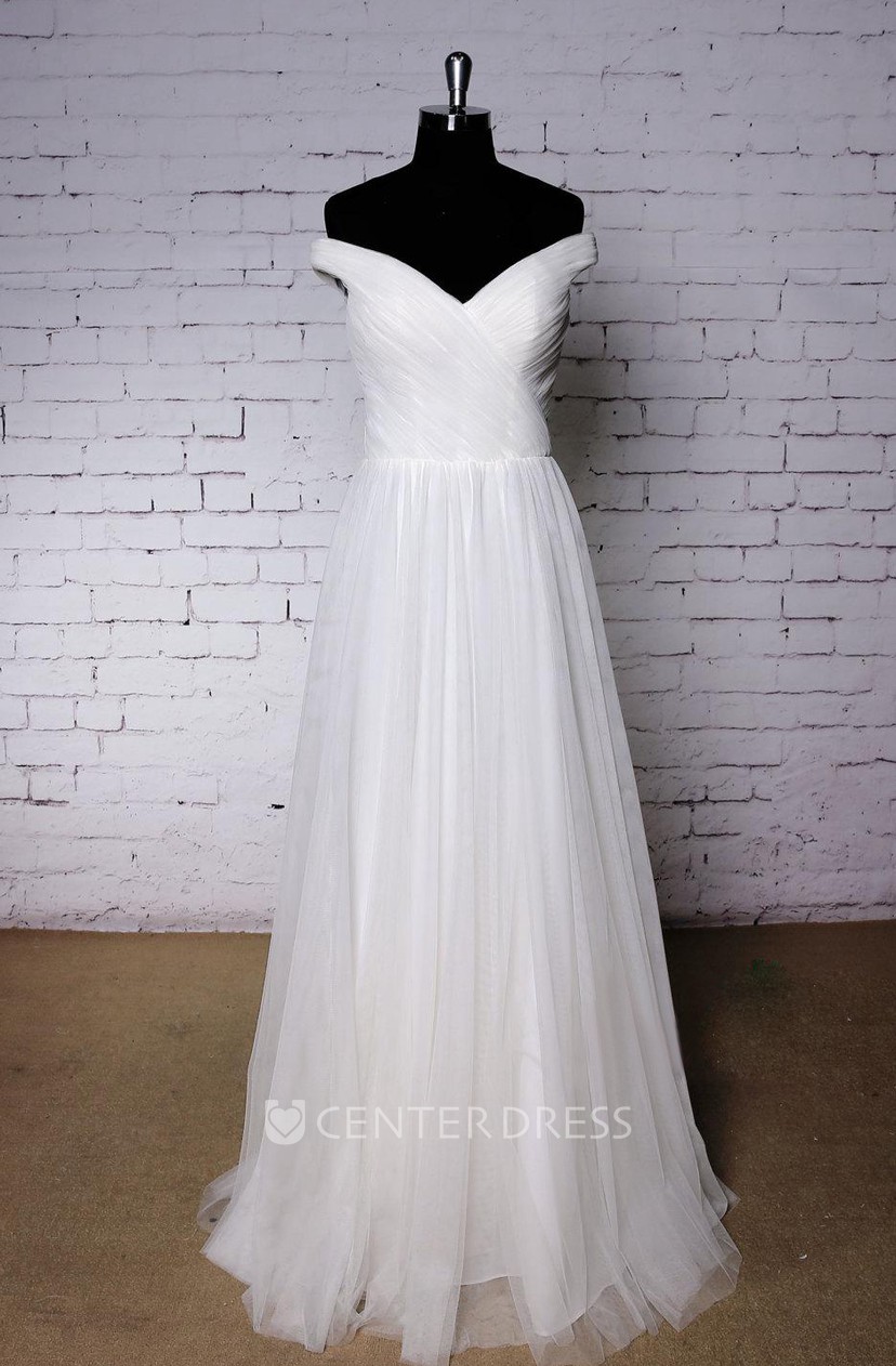 Plain Off Shoulder Tulle Wedding Dress With Ruching And Pleats