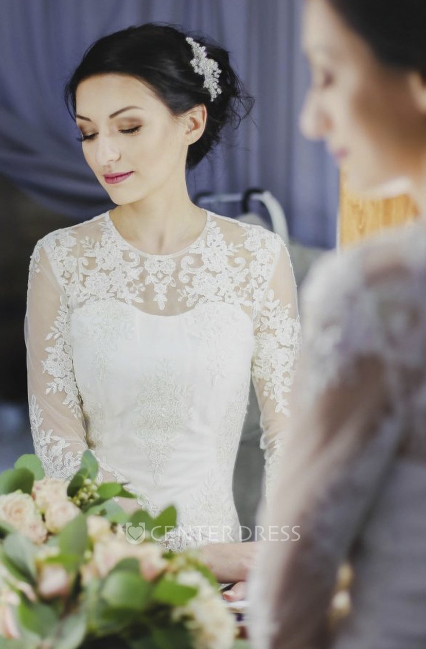 Illusion Lace Appliqued Back Split Sheath Ankle Length Wedding