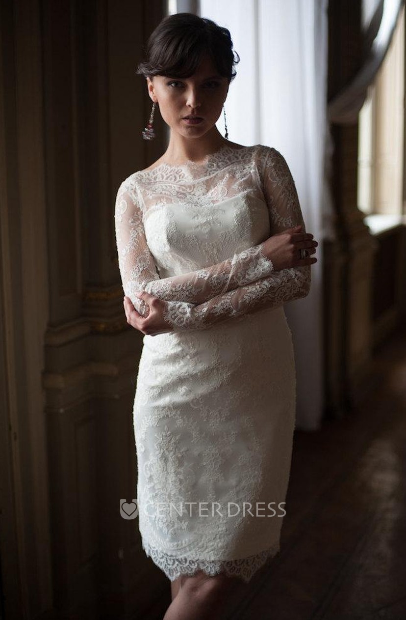 Short Sheath Lace Wedding Dress With High Neck Fitted Style