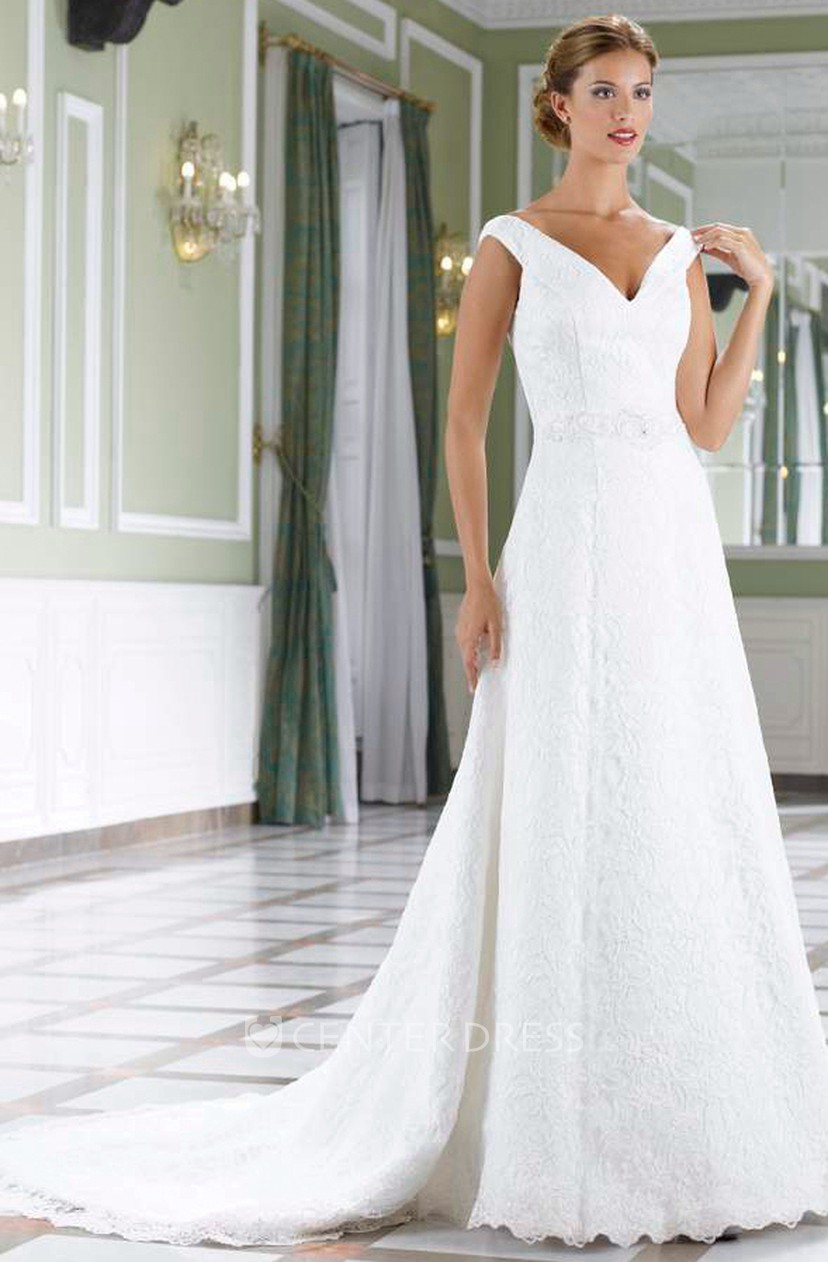 A Line Jeweled Floor Length V Neck Sleeveless Lace Wedding Dress
