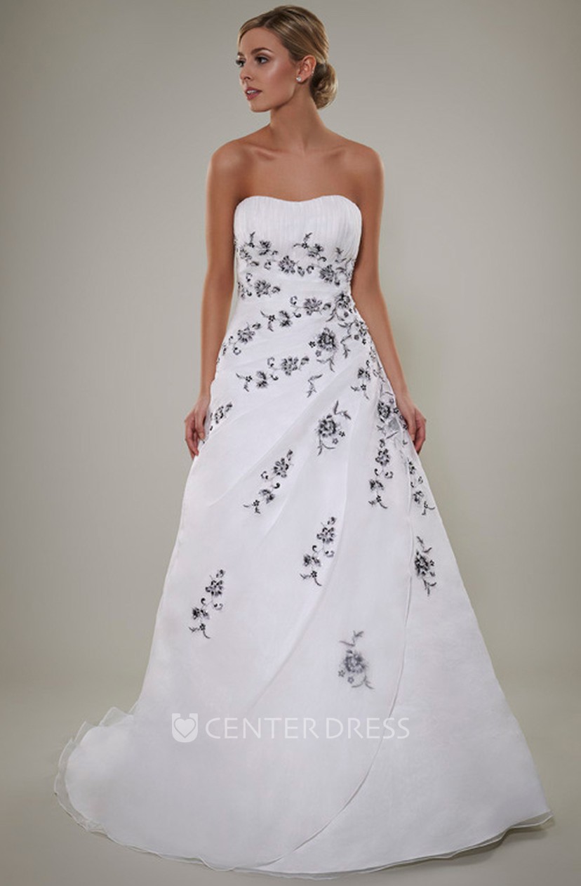 A Line Floor Length Embroidered Strapless Sleeveless Satin Wedding