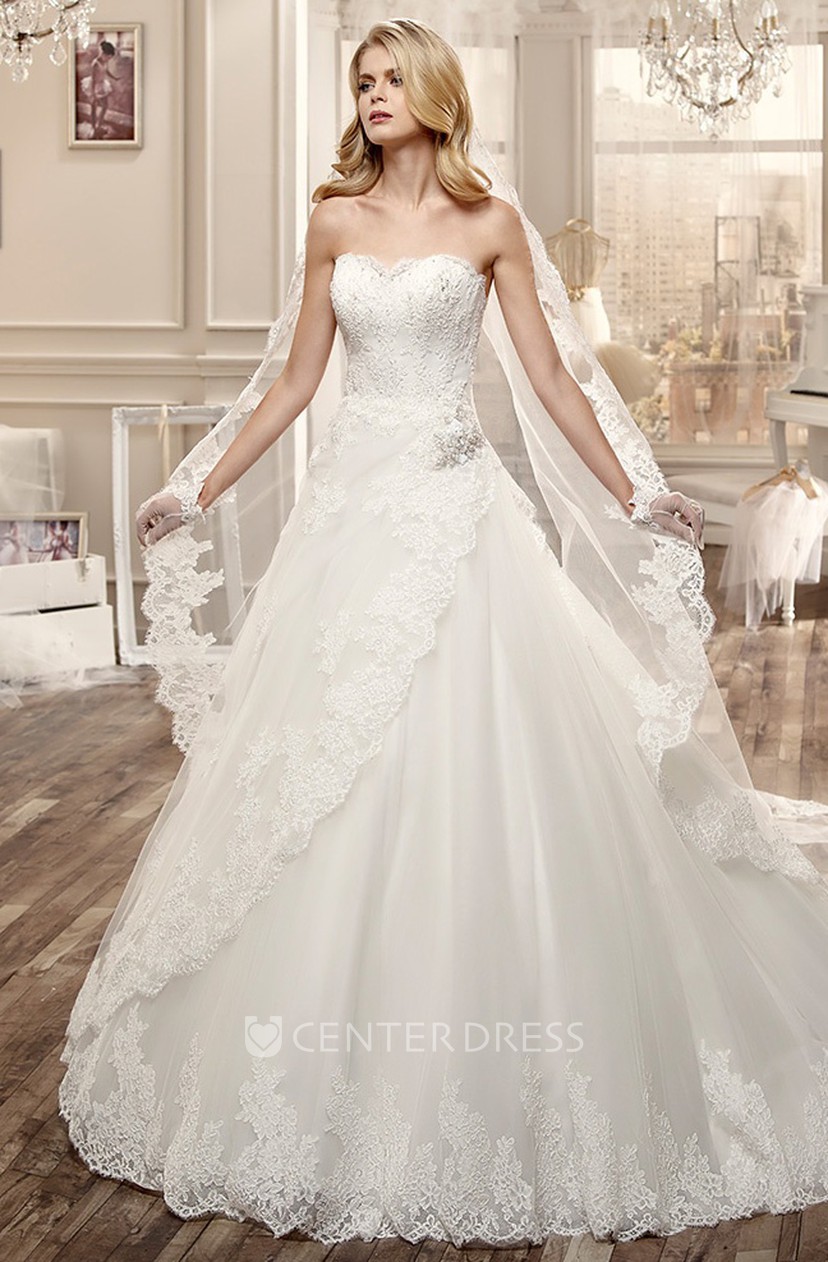 Strapless A Line Lace Wedding Dress With Side Draping And Beaded