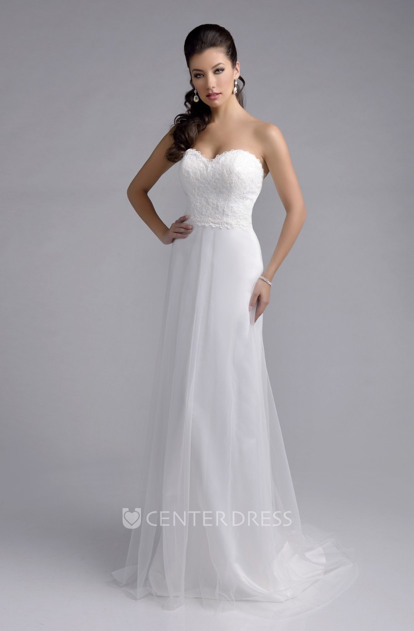 Lace Bodice Chiffon Skirt A Line Wedding Dress With Sweetheart
