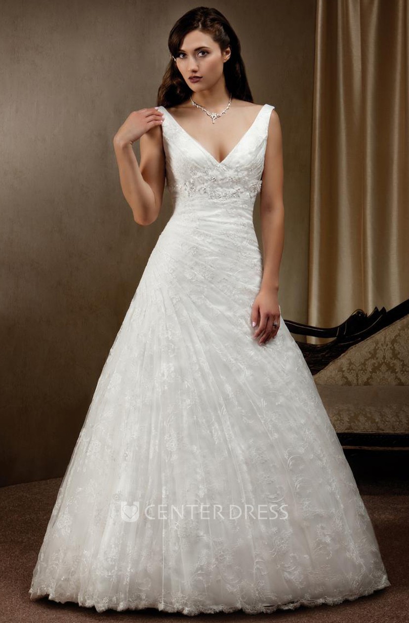 A Line Floor Length V Neck Side Draped Sleeveless Lace Wedding