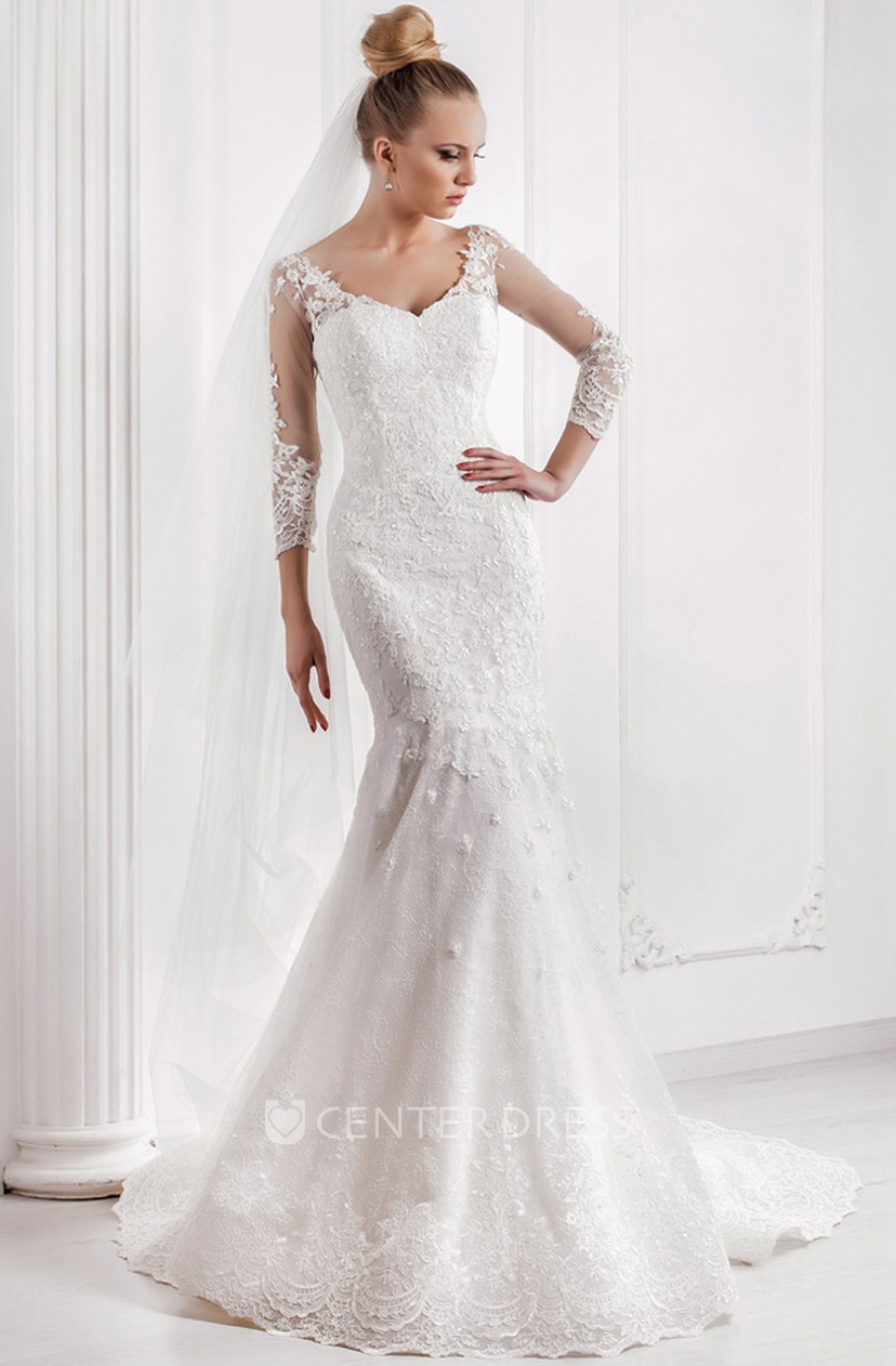 Mermaid Appliqued V Neck 3 4 Sleeve Lace Wedding Dress With Court