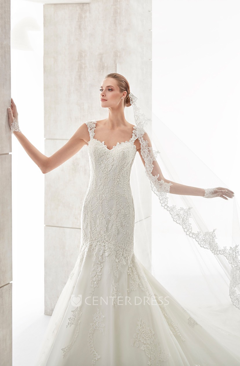 Square Neck Court Train Mermaid Wedding Dress With Illusive Lace