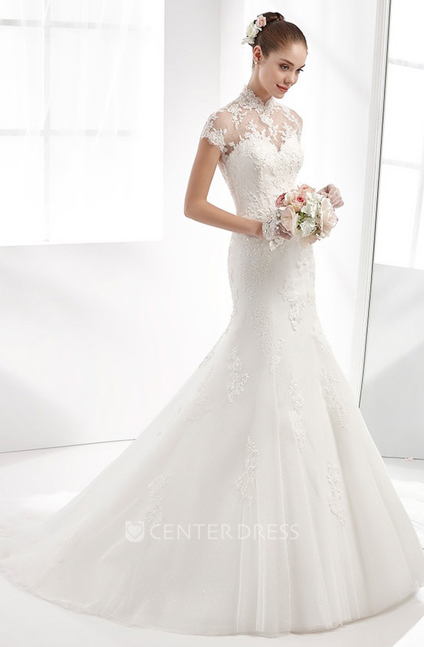 High Neck Mermaid Wedding Dress With T Shirt Sleeves And Illusive